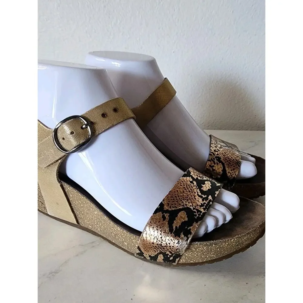 Mephisto Fiona Wedge Sandal Women 6/37 Reptile Snake Black Gold Comfort Shoes